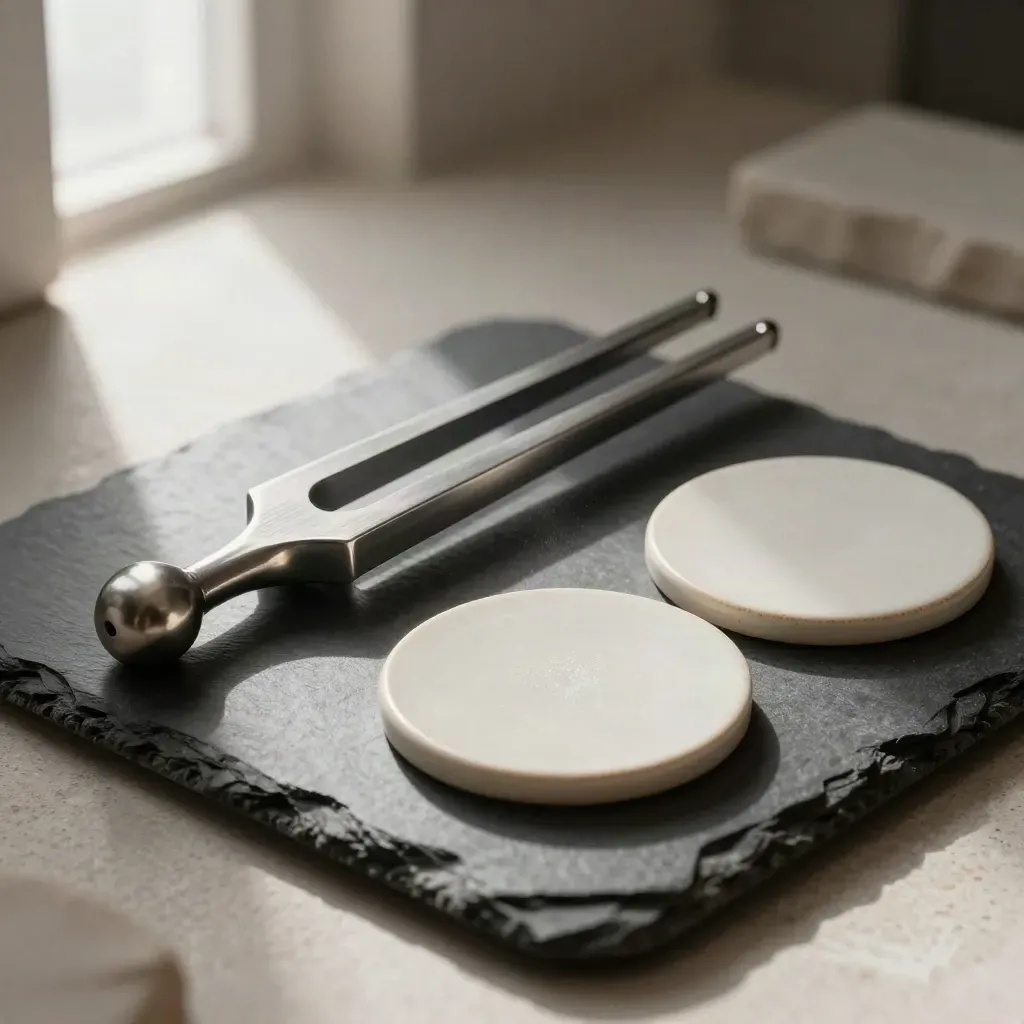 Tuning fork, mirror, and ceramic discs aligned on slate in a premium accent-reduction still life.