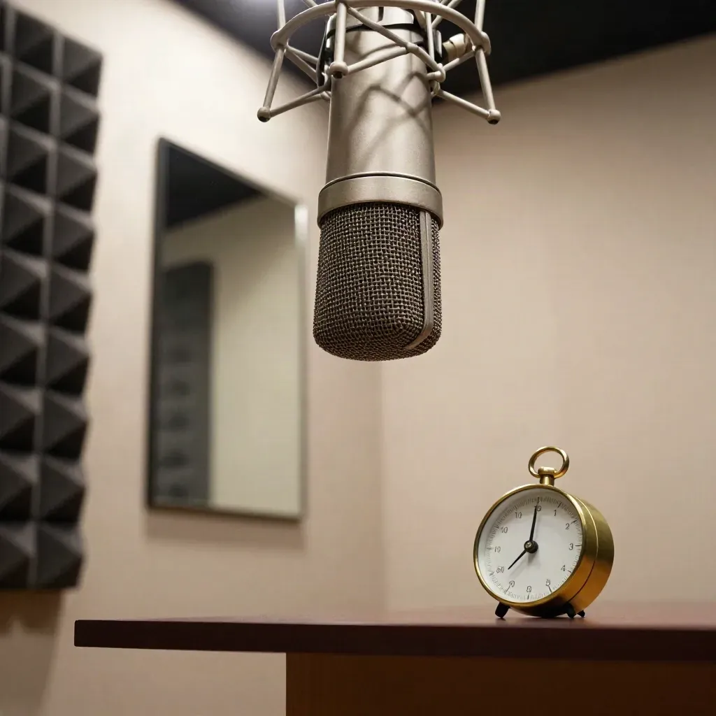 Macro of a pronunciation booth with microphone, foam panels, mirror, and metronome.
