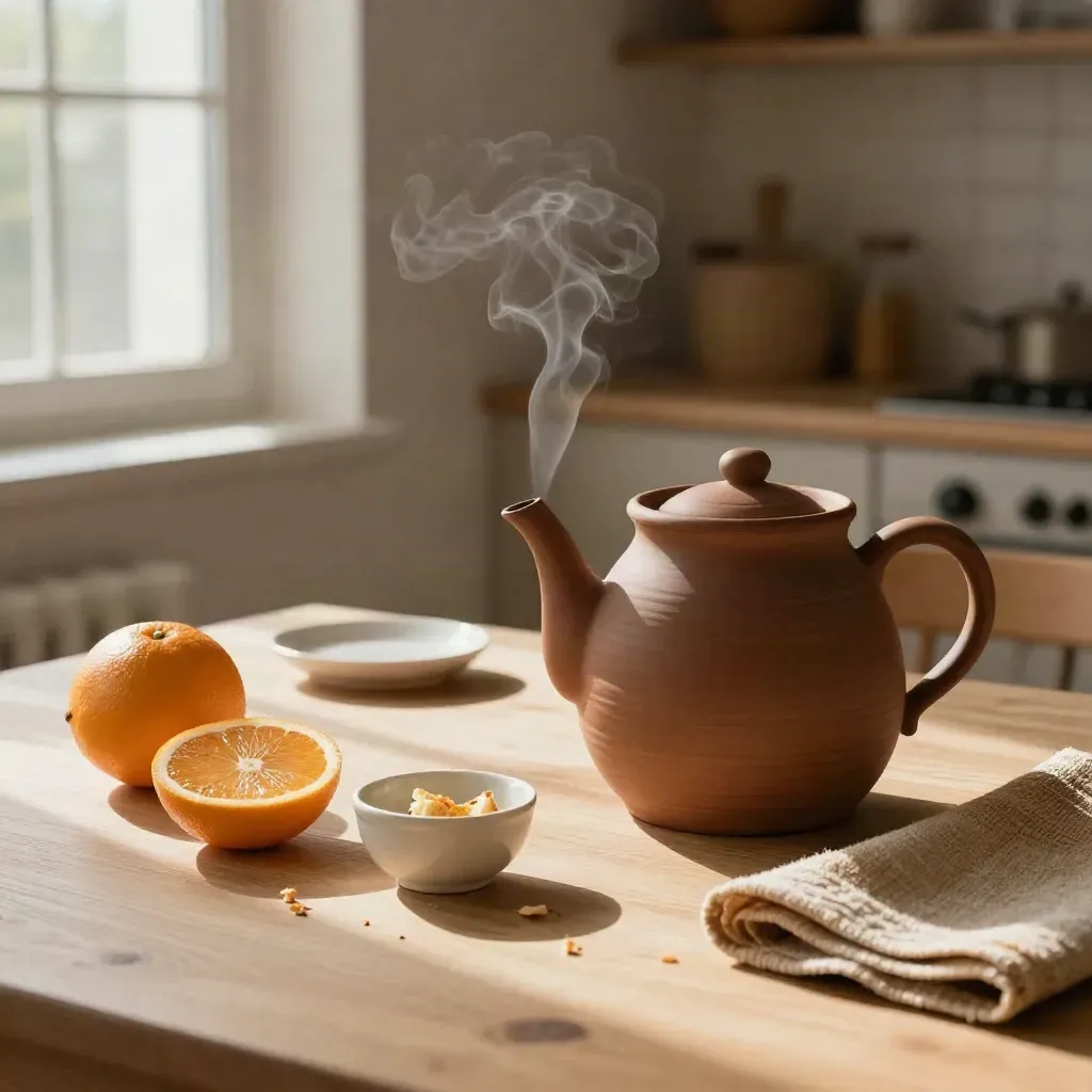 Steaming clay teapot with citrus, bread, bowl and woven napkin on a sunlit breakfast table.