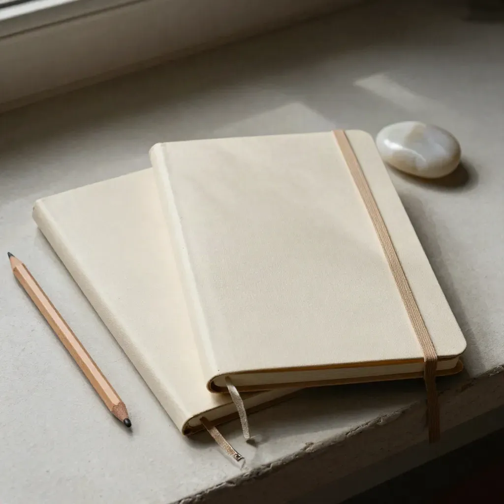 Cloth notebooks, pencil stubs, and a stone paperweight in a textured close-up