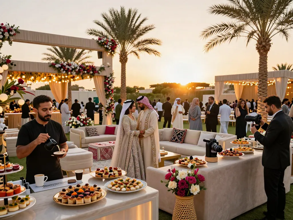 Event rental ksa setup for a luxurious wedding in Saudi Arabia, featuring a lavish marquee, floral decor, and elegant seating arrangements.